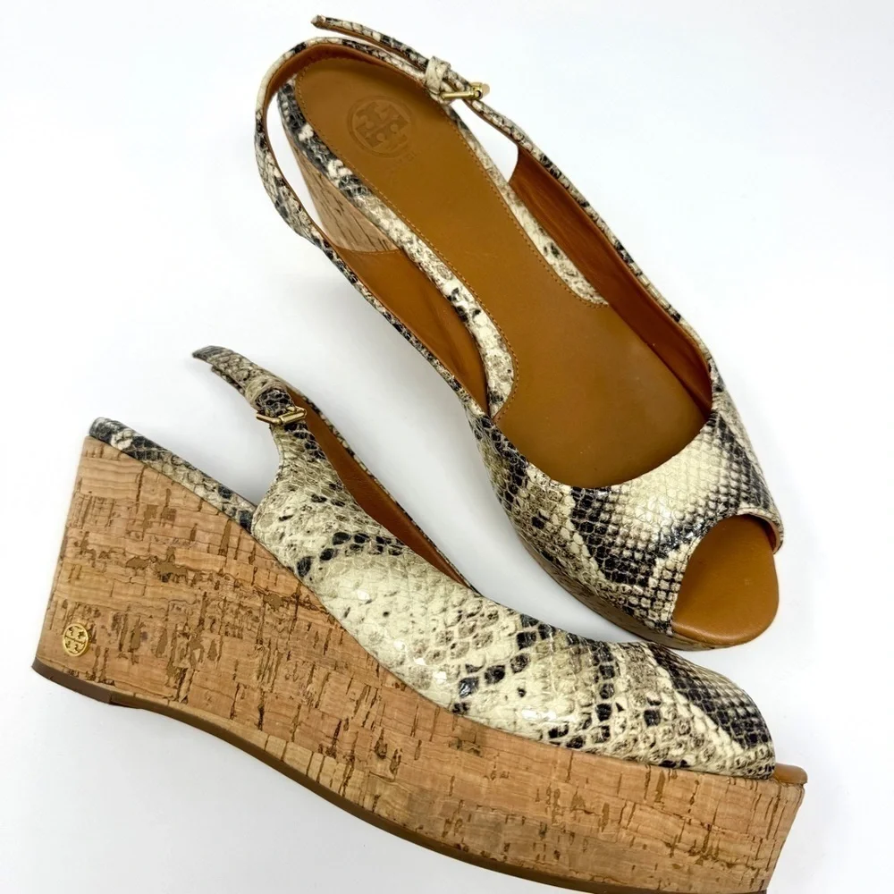 Tory Burch Rosalind Snakeskin Embossed Leather Cork Platform Wedge Sandals
